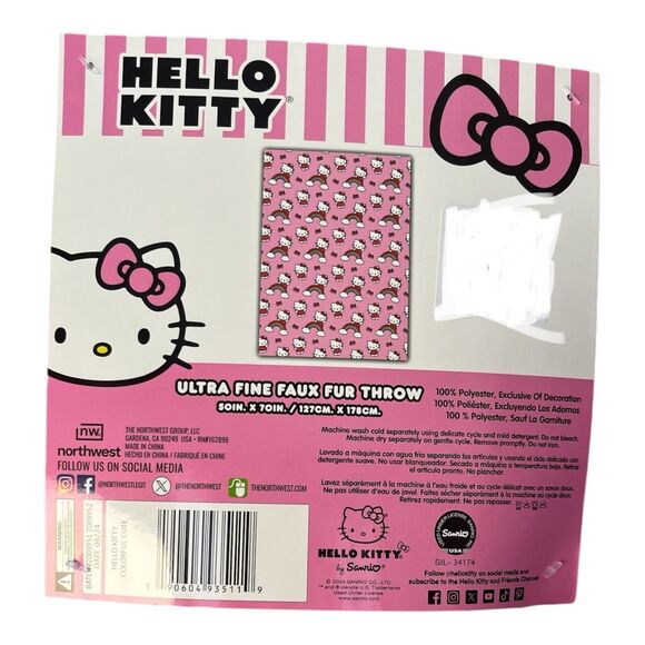 Hello Kitty Rainbows Bows Faux Fur Plush Pink Throw Blanket NWT - Picture 5 of 5